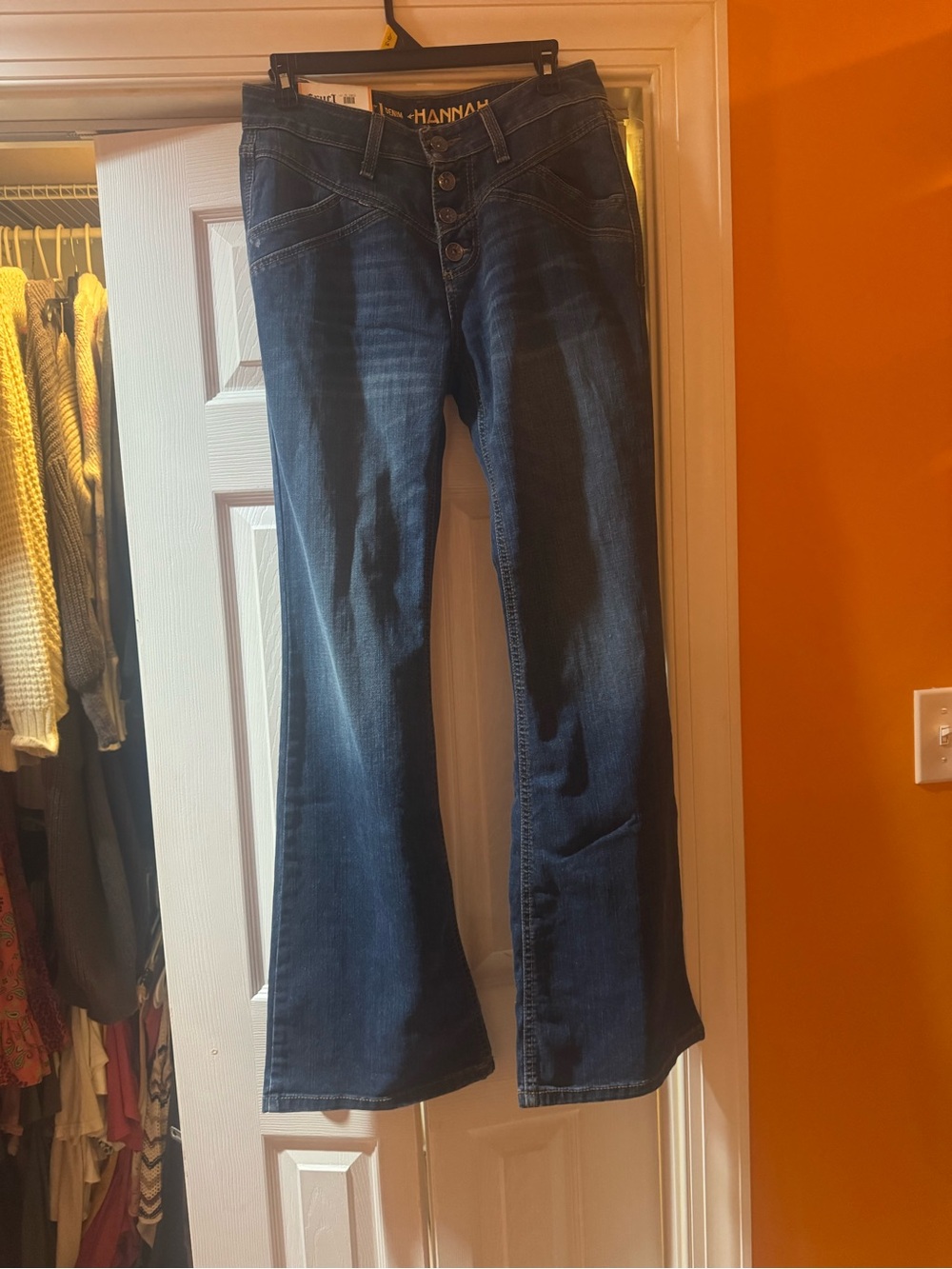 Hannah Mid-Dark Blue Flare Jeans with Button Fly